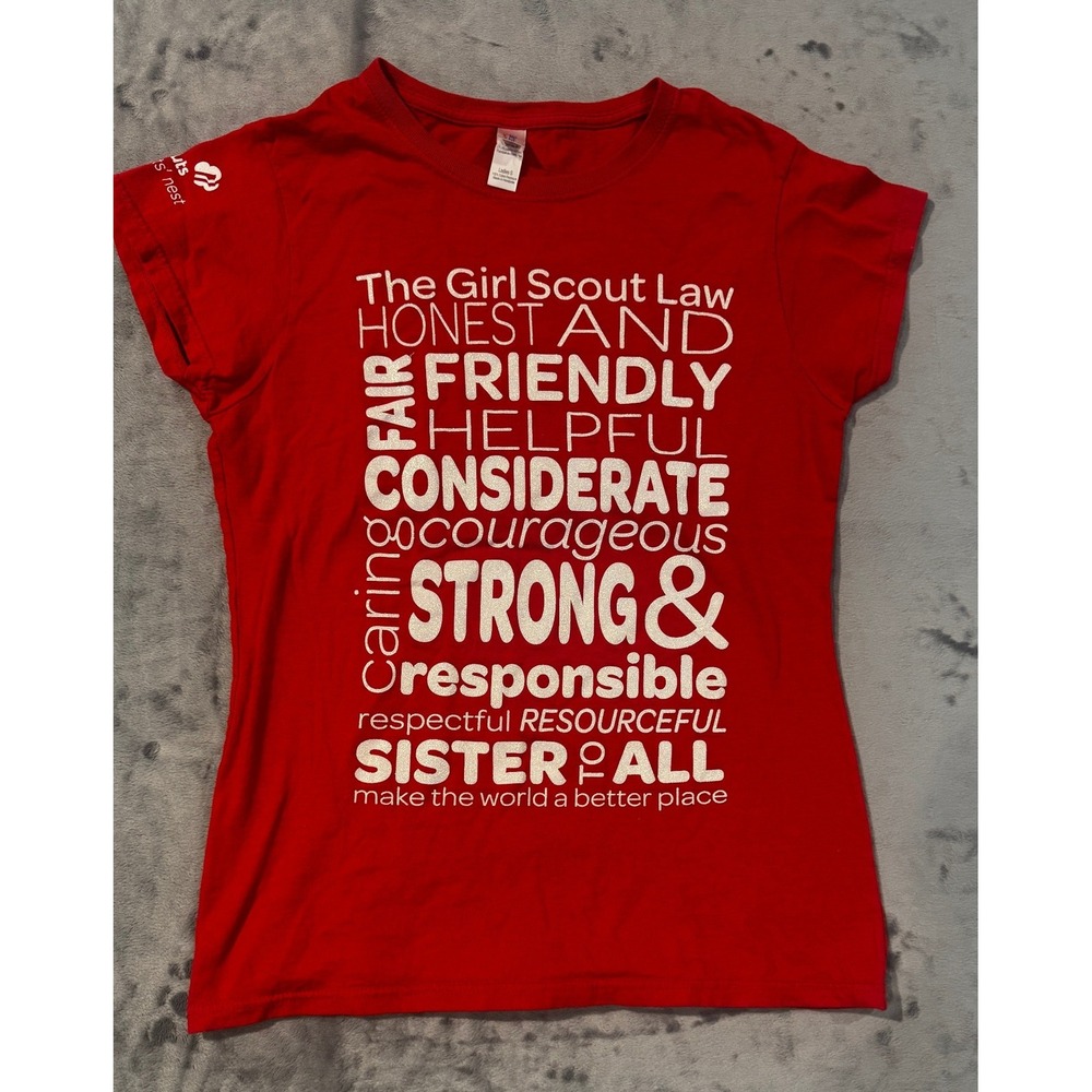 Gildan Girl Scout Law Graphic Tee Red Short Sleeve Shirt Womens Small